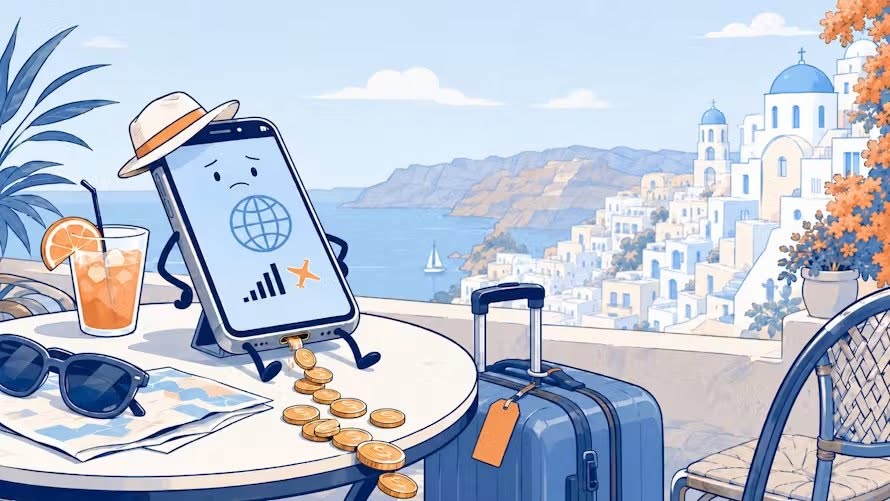 Illustration d'un téléphone en voyage générant des dépenses de connexion