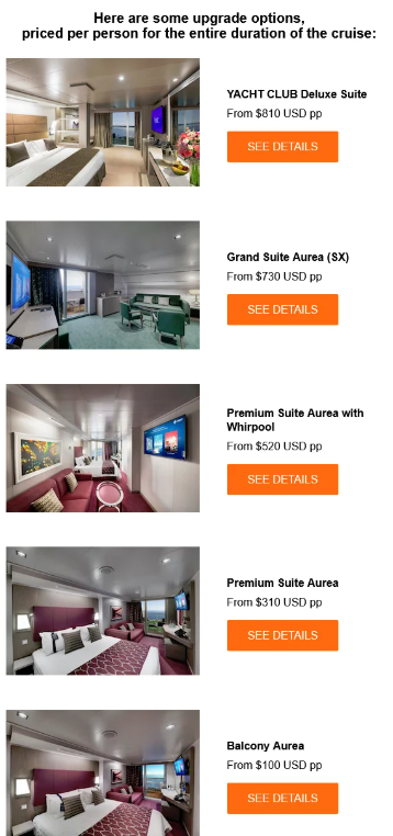 Exemple de catégories proposées dans une invitation MSC UpGrade