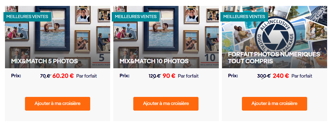 Exemple de forfaits photo MSC proposés avant une croisière