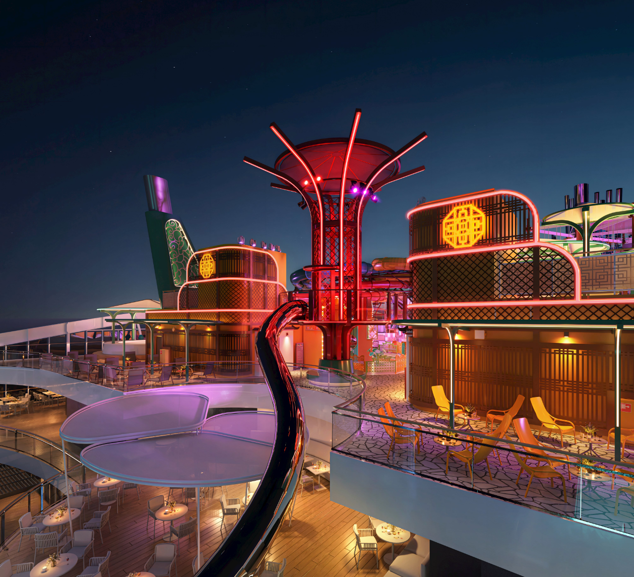 The Spiral at Tree of Life et espaces extérieurs du MSC World Asia de nuit